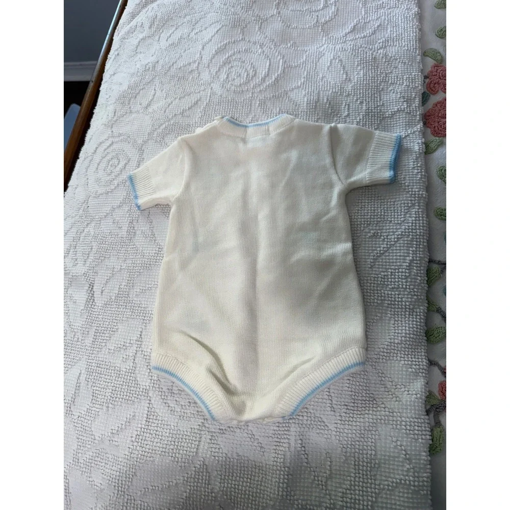 Carriage Boutiques Vintage Knit Romper White Blue Airplane Sailboat Truck 3-6M